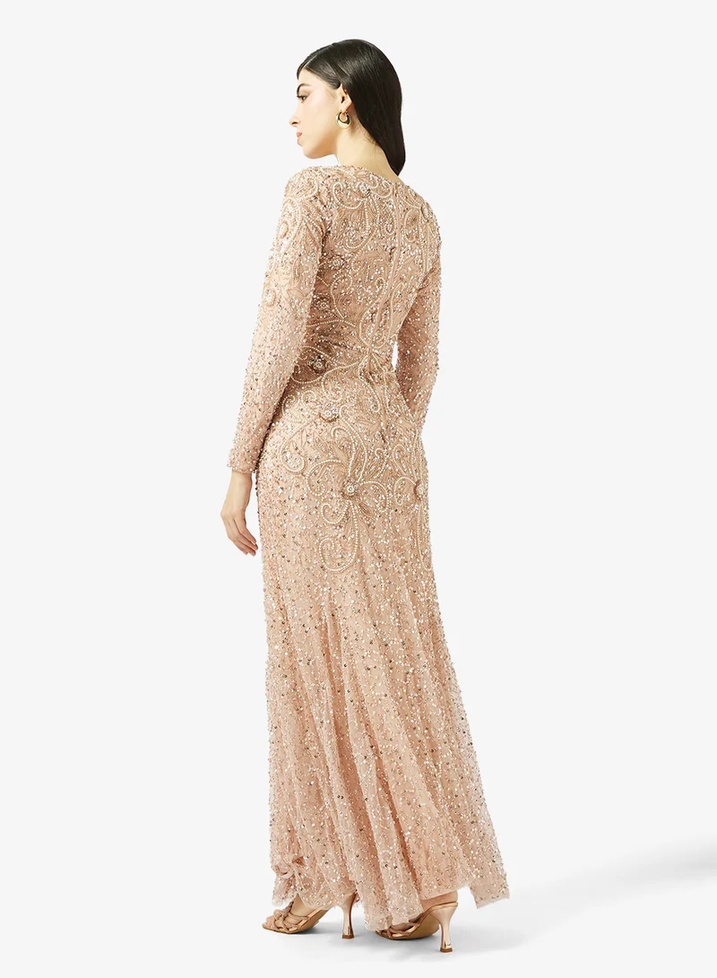 ماري فستان ماكسي مطبوع بياقة مستديرة وكشكشة